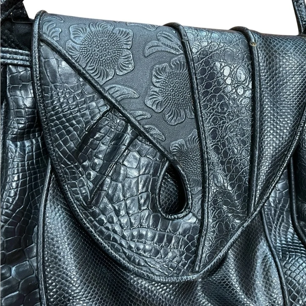 Black faux vegan leather vintage grunge embossed Textured crossbody bag Purse